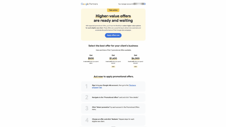 A Google Partners webpage with a yellow banner stating "Higher-value offers are ready and waiting," featuring High-Value Promotions and promotional credits of $500, $1,400, and $4,000, plus four simple steps to apply the offers to your account.