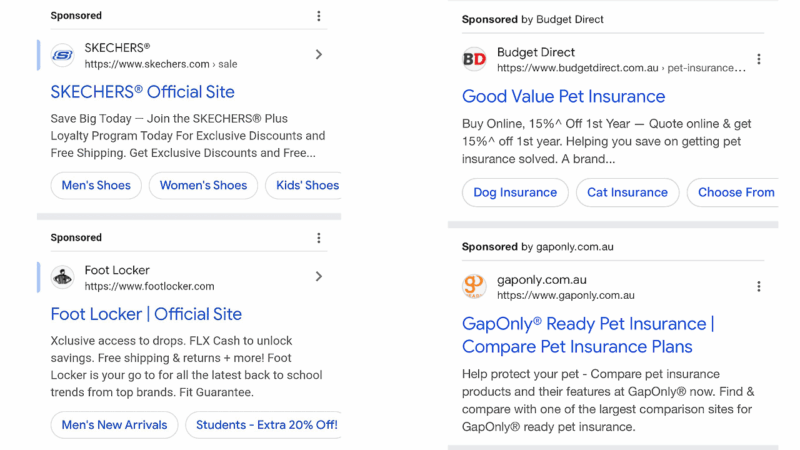A screenshot of Google search results displays Sponsored Search Ads for SKECHERS, Foot Locker, Budget Direct Pet Insurance, and GapOnly Ready Pet Insurance, with brief descriptions, clickable category buttons, and a horizontal divider.
