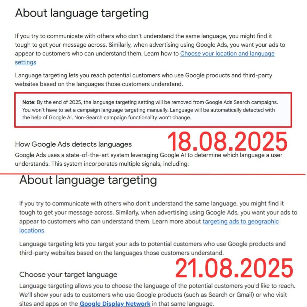 Screenshot of a Google Ads help page shows highlighted dates, "18.08.2025" and "21.08.2025", and a note explaining the removal of language targeting from Google Ads Search campaigns by the end of 2025 as part of Google AI search updates.