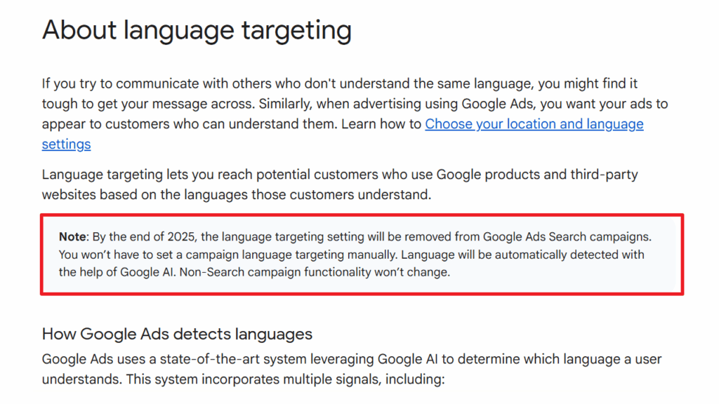 Screenshot of a Google Ads help page about Language Targeting. A red box highlights a note stating that by the end of 2025, Google AI Detection will automatically handle language targeting in Search campaigns.