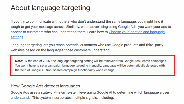 Screenshot of a Google Ads help page about Language Targeting. A red box highlights a note stating that by the end of 2025, Google AI Detection will automatically handle language targeting in Search campaigns.