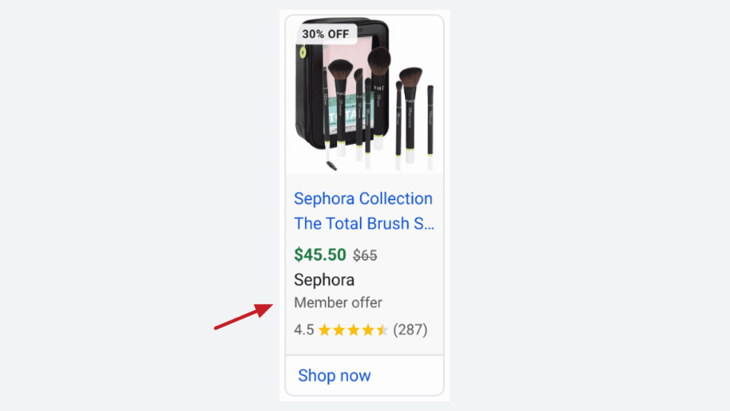 An online ad for Sephora Collection The Total Brush Set on Google Ads shows five makeup brushes, a black case, 30% OFF label, discounted price of $45.50, 4.5-star rating from 287 reviews, and an exclusive “Member offer.”.