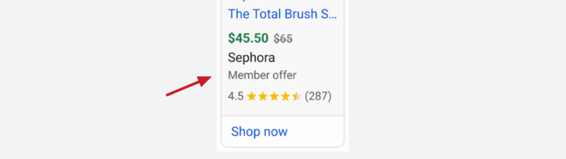An online ad for Sephora Collection The Total Brush Set on Google Ads shows five makeup brushes, a black case, 30% OFF label, discounted price of $45.50, 4.5-star rating from 287 reviews, and an exclusive “Member offer.”.