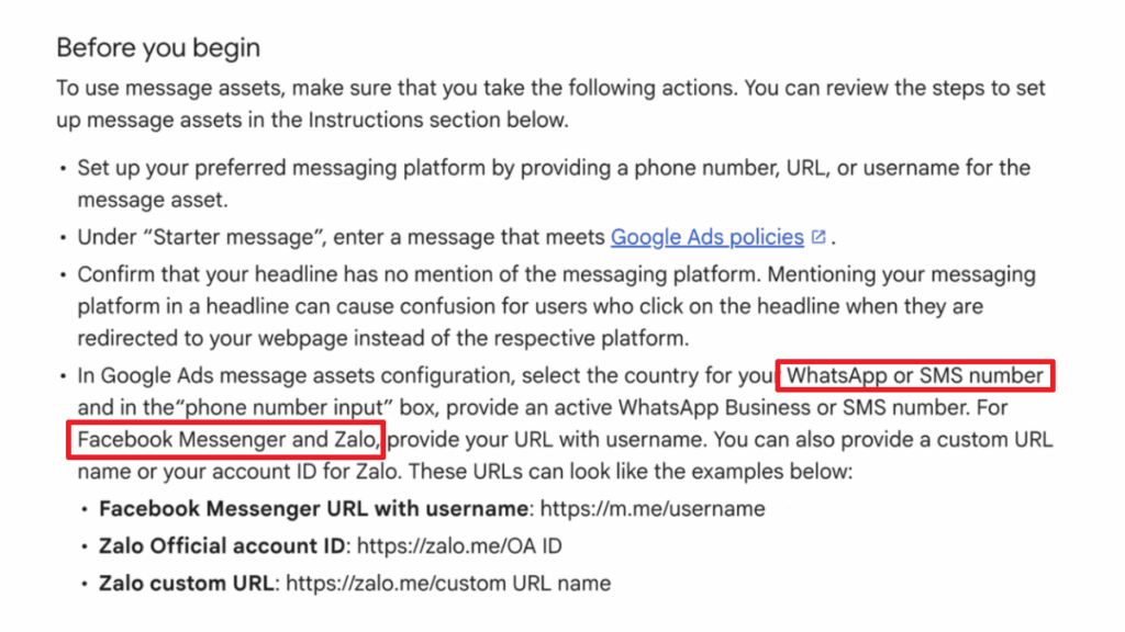 Screenshot of instructions for setting up Google Ads message assets, with “WhatsApp or SMS number” and “Facebook Messenger and Zalo” highlighted in red within a bulleted list.