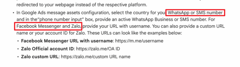 Screenshot of instructions for setting up Google Ads message assets, with “WhatsApp or SMS number” and “Facebook Messenger and Zalo” highlighted in red within a bulleted list.