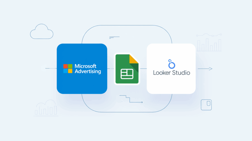 Graphic featuring the Microsoft Advertising logo, a Google Sheets Connector icon, and the Looker Studio logo linked by arrows, illustrating seamless data integration across these platforms.