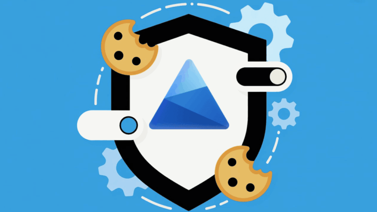 A shield with a blue triangle in the center, surrounded by gears and two toggle switches, with chocolate chip cookies on the corners—representing online privacy, Consent Mode, and cookie controls.