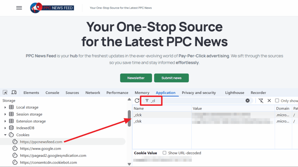 A browser window shows the PPC News Feed website. The developer tools panel is open at the bottom, displaying cookie data filtered by "_cl"—with a red arrow pointing to the filter box—highlighting Microsoft Clarity consent mode in action.
