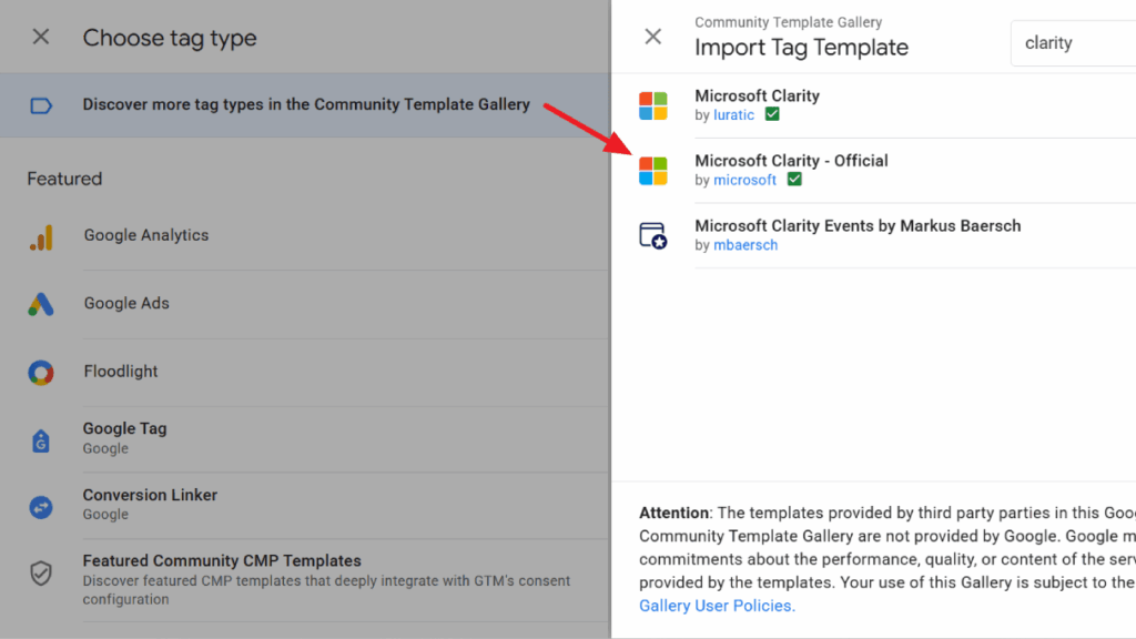 A screenshot of a tag type selection menu in Google Tag Manager. A red arrow highlights "Discover more tag types in the Community Template Gallery," with Microsoft Clarity options and Setup Guide details shown on the right.