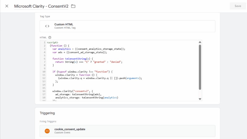 A screenshot of a Microsoft Clarity tag setup in Google Tag Manager, displaying custom HTML code for Consent Mode analytics and a trigger labeled "cookie_consent_update" at the bottom, ideal for use in any Setup Guide.