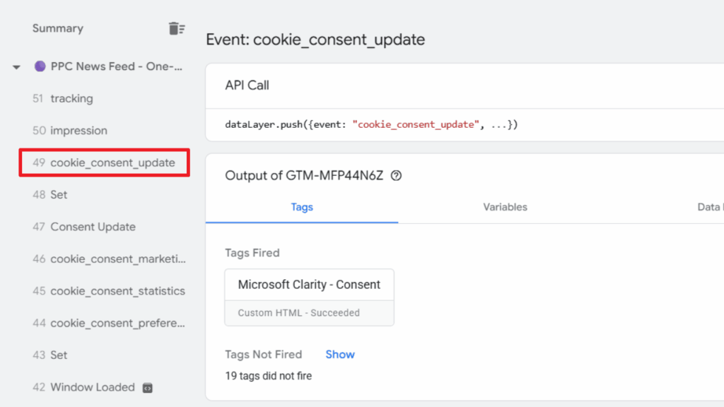 Screenshot of a Google Tag Manager interface showing the event "cookie_consent_update" selected. The main panel displays API Call details and highlights the Microsoft Clarity - Consent tag fired, demonstrating Consent Mode in action.
