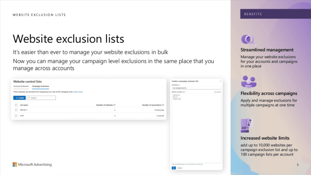 Screenshot of a Microsoft Advertising webpage about Unified Website Exclusion Lists, showing steps for managing exclusions in bulk. On the right, a sidebar highlights benefits like streamlined management and cross-campaign accuracy.
