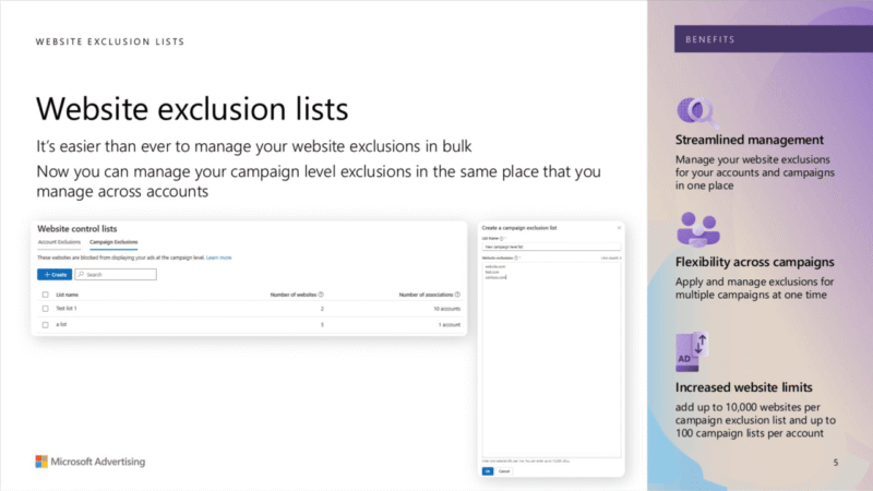 Screenshot of a Microsoft Advertising webpage about Unified Website Exclusion Lists, showing steps for managing exclusions in bulk. On the right, a sidebar highlights benefits like streamlined management and cross-campaign accuracy.