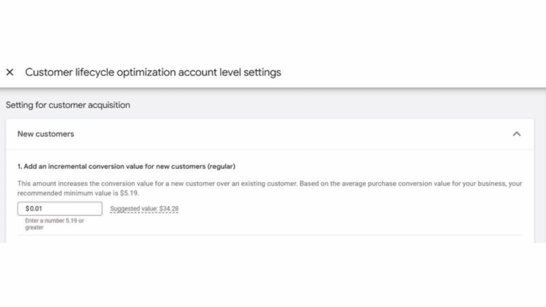 Screenshot of a settings page titled "Customer lifecycle optimization account level settings." It shows a section for "New customers" with an option to add an incremental conversion value, suggested at $34.28, with a field set at $0.01.