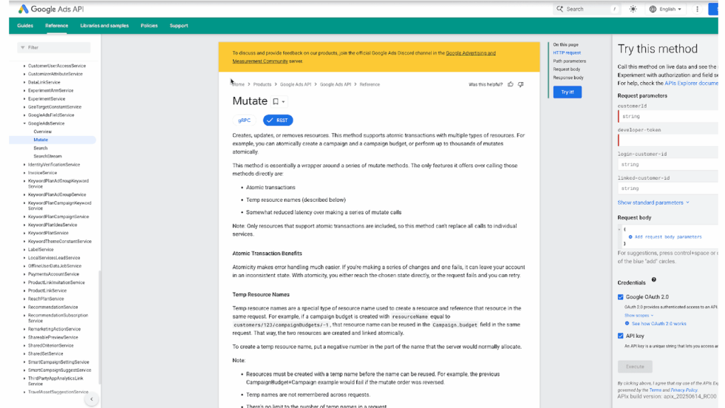 Screenshot of the Google Ads API documentation page for “Mutate,” featuring navigation menus, gRPC and REST example code, an overview, benefits, and a sidebar with API testing instructions.