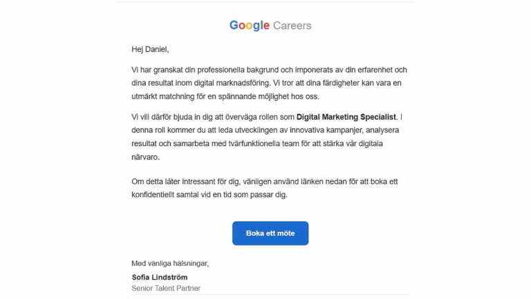 A recruitment email from Google Careers in Swedish, inviting Daniel to book a meeting for the Digital Marketing Specialist role. The blue "Boka ett möte" button and Sofia Lindström’s contact details may indicate a potential phishing scam.
