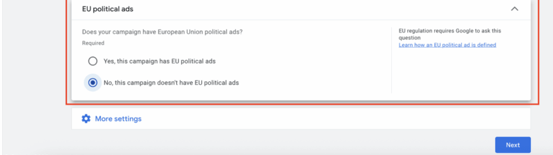 A screenshot of the Google Ads Campaign Setup page highlights the Political Ads Setting, with "No, this campaign doesn’t have EU political ads" selected. Country and language selection fields are also visible above.