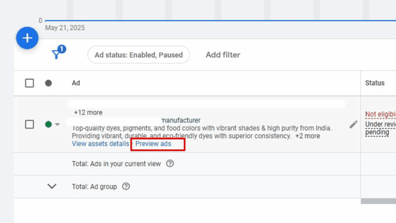 A screenshot of an online ad management dashboard, showing an ad group with status "Enabled, Paused." The "Preview ads" link, featuring RSA Preview in the Ad Summary section, is highlighted in the ad details panel.