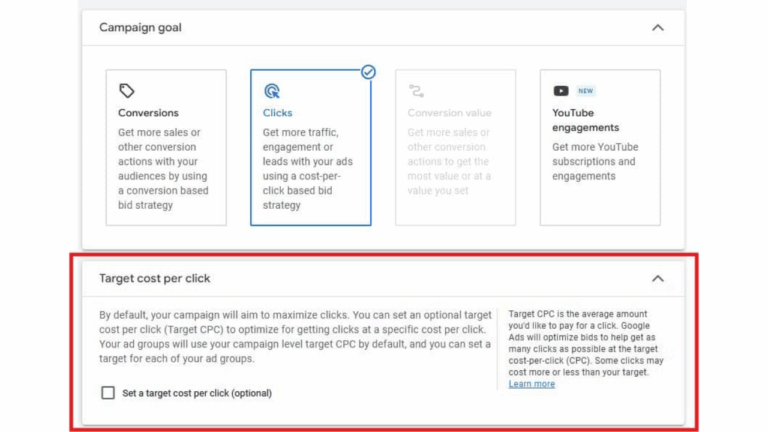 A Google Ads campaign setup screen displays options for campaign goals, with "Clicks" selected. Below, a section titled "Target cost per click" offers details and a checkbox to set an optional Target CPC, ideal for Demand Gen strategies.
