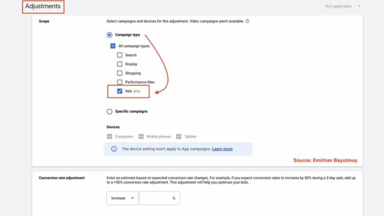 Screenshot of a Google Ads interface showing the "Adjustments" section. The "App" campaign type—ideal for app install and engagement campaigns—is highlighted with a blue checkmark and red box. "Source: Emihan Baytumuş" appears at the bottom right.