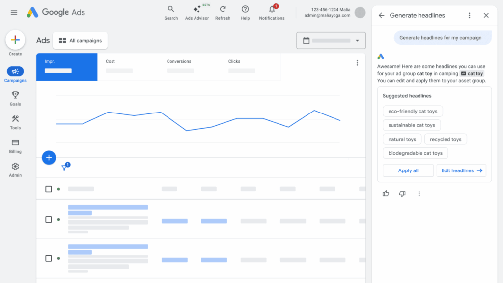 A Google Ads dashboard displays campaign metrics as a line graph. On the right, the Google Ads Advisor suggests ad headlines like "eco-friendly cat toys." Navigation menus appear on the left for easy access to the official help page.