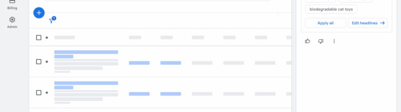 A Google Ads dashboard displays campaign metrics as a line graph. On the right, the Google Ads Advisor suggests ad headlines like "eco-friendly cat toys." Navigation menus appear on the left for easy access to the official help page.