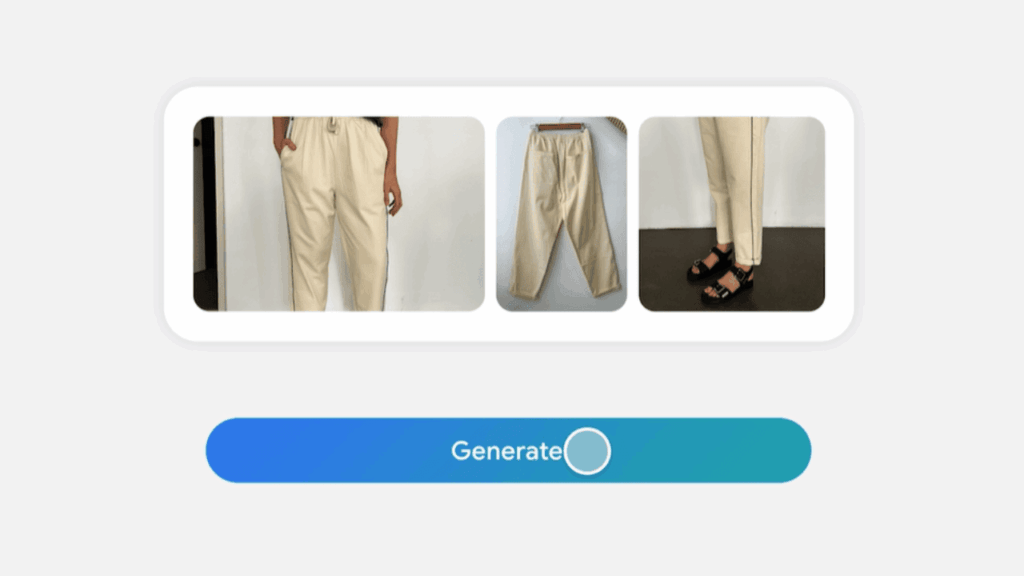 Three images of beige, loose-fit pants are displayed above a blue "Generate" button, created using Google Asset Studio. The pants are shown worn by a person and laid flat to highlight their style and design.