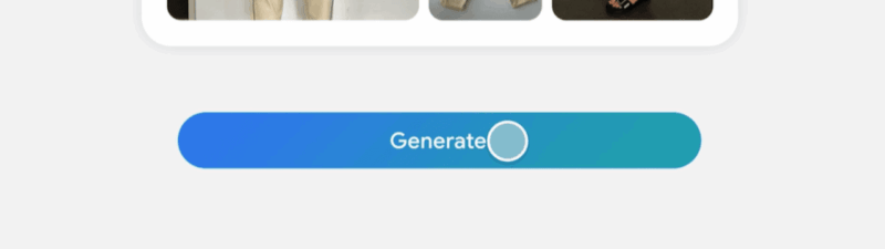 Three images of beige, loose-fit pants are displayed above a blue "Generate" button, created using Google Asset Studio. The pants are shown worn by a person and laid flat to highlight their style and design.