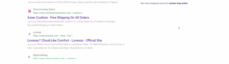 Screenshot of a Google search results page for “custom cushions,” displaying web links to cushion retailers on the left and search ads with cushion product images on the right, ideal for experiments comparing Bing and Google advertising.
