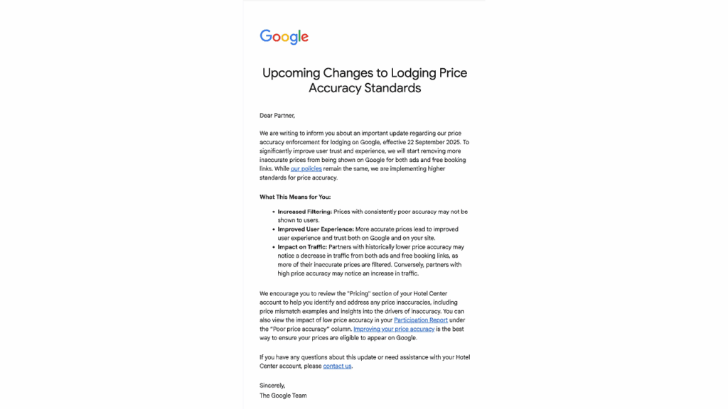A Google email titled "Upcoming Changes to Lodging Price Accuracy Standards" informs hotels about updated Google price accuracy enforcement for hotel ads, effective September 2024, detailing new requirements and the impact on pricing shown to users.