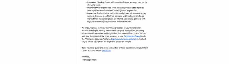 A Google email titled "Upcoming Changes to Lodging Price Accuracy Standards" informs hotels about updated Google price accuracy enforcement for hotel ads, effective September 2024, detailing new requirements and the impact on pricing shown to users.