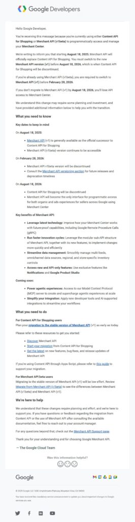 A Google Developers email about Merchant API changes announces the replacement of Content API for Shopping starting August 15, 2024. It outlines key benefits, migration steps, Migration Deadlines, and contact information.