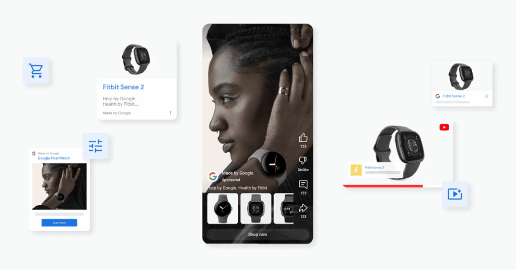 A digital collage showing a woman wearing a smartwatch, surrounded by floating product images, icons, and app interfaces related to wearable tech—highlighting the Fitbit Sense 2, Google Pixel Watch, and the power of Google Demand Gen for seamless conversions.