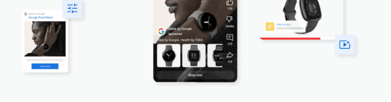 A digital collage showing a woman wearing a smartwatch, surrounded by floating product images, icons, and app interfaces related to wearable tech—highlighting the Fitbit Sense 2, Google Pixel Watch, and the power of Google Demand Gen for seamless conversions.