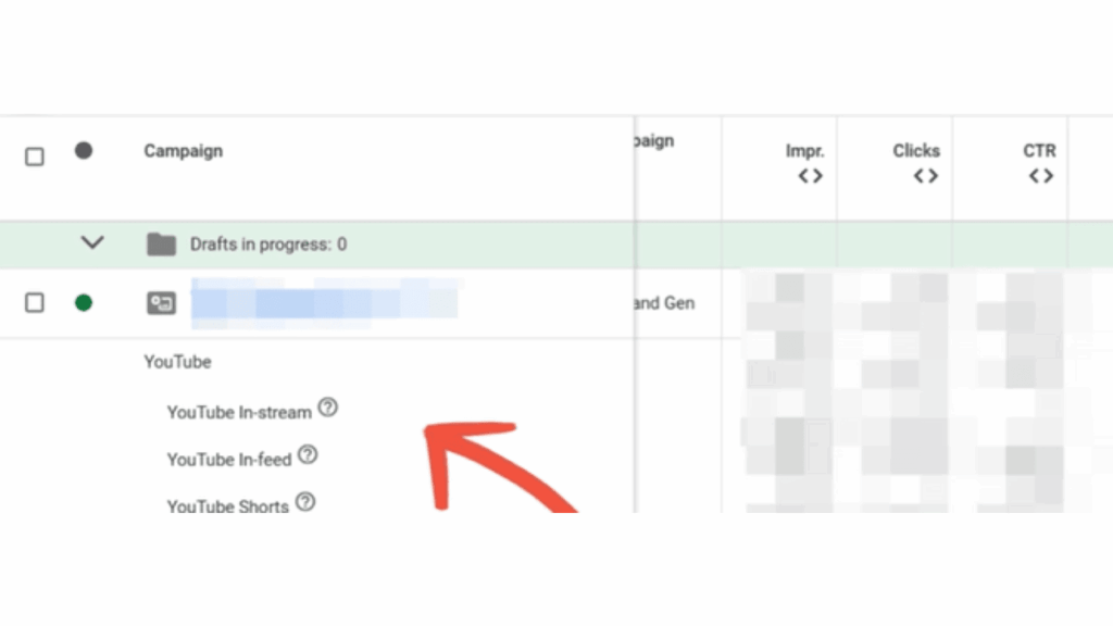 A screenshot of a campaign dashboard showing options for YouTube In-stream, YouTube In-feed, and YouTube Shorts, with a red arrow pointing toward the YouTube In-feed option—highlighting segmentation choices for better targeting.