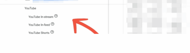 A screenshot of a campaign dashboard showing options for YouTube In-stream, YouTube In-feed, and YouTube Shorts, with a red arrow pointing toward the YouTube In-feed option—highlighting segmentation choices for better targeting.