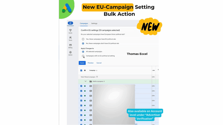 Screenshot of a Google Ads interface displaying a new bulk action feature for EU Political Ads campaign settings. Highlighted text reads "New EU-Campaign Setting Bulk Action" and "NEW," with a note on account-level advertiser verification for confirmation.