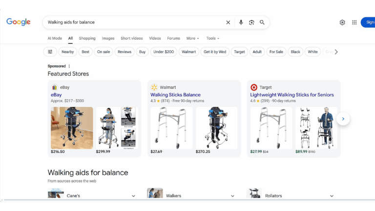 Screenshot of a Google search for "Walking aids for balance," displaying Sponsored Ads and shopping results with images and prices from Featured Stores like eBay, Walmart, and Target.