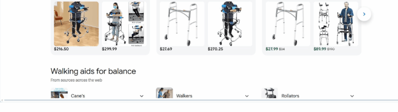 Screenshot of a Google search for "Walking aids for balance," displaying Sponsored Ads and shopping results with images and prices from Featured Stores like eBay, Walmart, and Target.