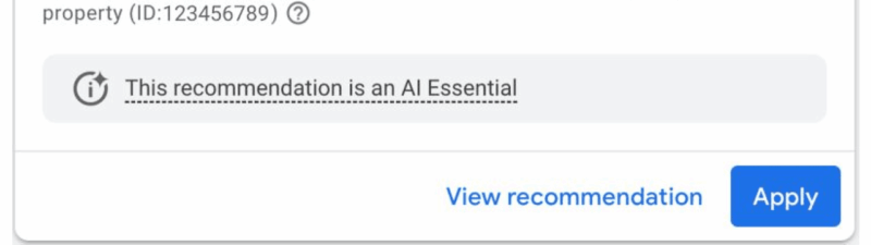 A Google Ads recommendation card prompting you to link your GA4 property, with options to view or apply the Analytics Linking recommendation. A note highlights that it is an AI Essential.