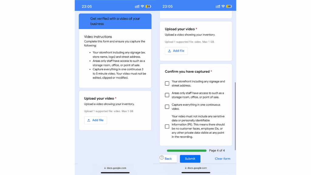 A mobile screen displays a mandatory form for business video verification, requiring video proof for Google Merchant reinstatements. Sections include uploading a video, confirming content, and blue "Back" and "Submit" buttons at the bottom.