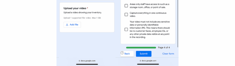A mobile screen displays a mandatory form for business video verification, requiring video proof for Google Merchant reinstatements. Sections include uploading a video, confirming content, and blue "Back" and "Submit" buttons at the bottom.