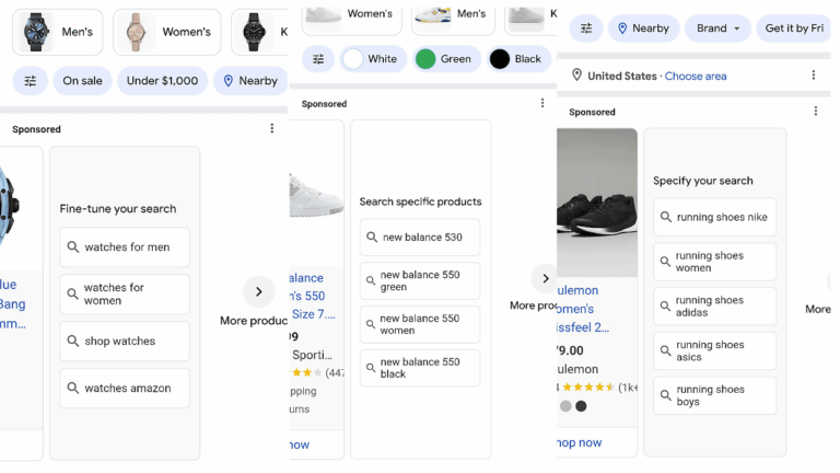 Screenshot of a Google Shopping search interface with carousel filters for gender, price, color, and area. Sponsored product suggestions via Google Ads feature New Balance shoes, plus search tags and Fine-Tune Your Search options for running shoes.