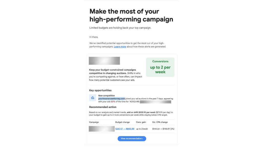 A marketing dashboard email featuring high-performing App Install Campaigns insights, budget optimization tips, a green box with "Conversions up to 2 per week," and a table of campaign budget and conversion change data.