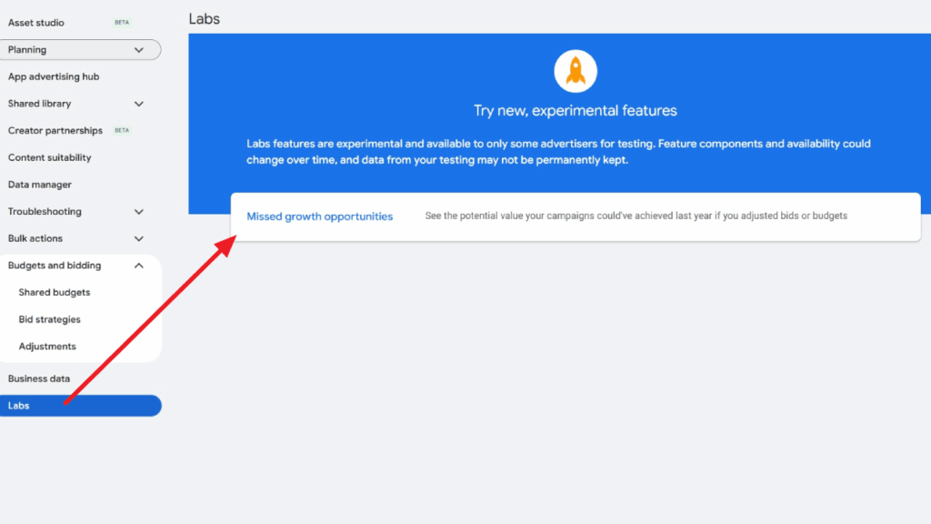 A screenshot of the Google Ads interface displays the Labs Section. An arrow points to "Missed growth opportunities," highlighting potential campaign improvements from bid or budget adjustments.