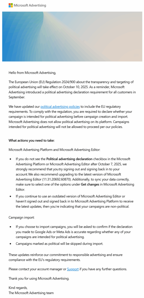 A Microsoft Ads email outlines new EU political advertising regulations effective October 10, 2023, highlights a required Political Declaration for compliance, and provides step-by-step guidance, featuring the Microsoft logo and clearly formatted sections.