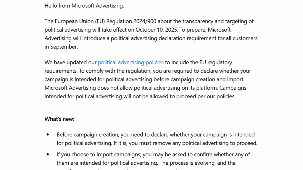 Screenshot of a Microsoft email outlining new EU Transparency rules. Advertisers must declare political ads before campaign creation, with key Political Ad Policies updates effective October 10, 2025, detailed in the message.