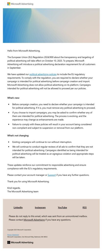 A Microsoft Advertising email about upcoming EU Regulation 2024/180, announcing a new political advertising declaration requirement for customers, updated Political Ad Policies for EU Transparency, and revised policy details with contact info.