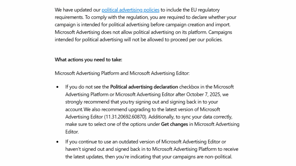 A screenshot of a notice about updated political advertising policies from Microsoft Ads. It outlines actions needed, including Political Declaration requirements and updating Microsoft Advertising or Editor sign-in for compliance.