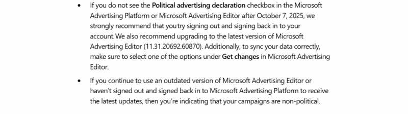 A screenshot of a notice about updated political advertising policies from Microsoft Ads. It outlines actions needed, including Political Declaration requirements and updating Microsoft Advertising or Editor sign-in for compliance.